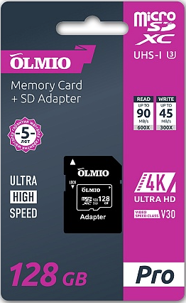 Карта памяти microSDXC 128GB,  UHS-I U3 V30,  с адаптером OLMIO (39606)