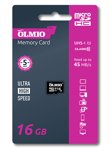 Карта памяти microSDHC 16GB,  Class 10,  без адаптера OLMIO (39121)
