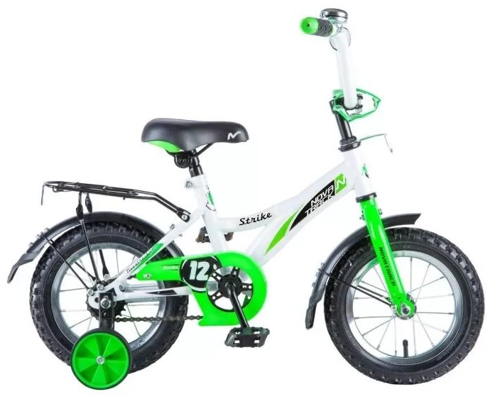 Велосипед колёса 12" детский NOVATRACK Strike, 1 скорость, рама сталь 8,5" (белый/зеленый)