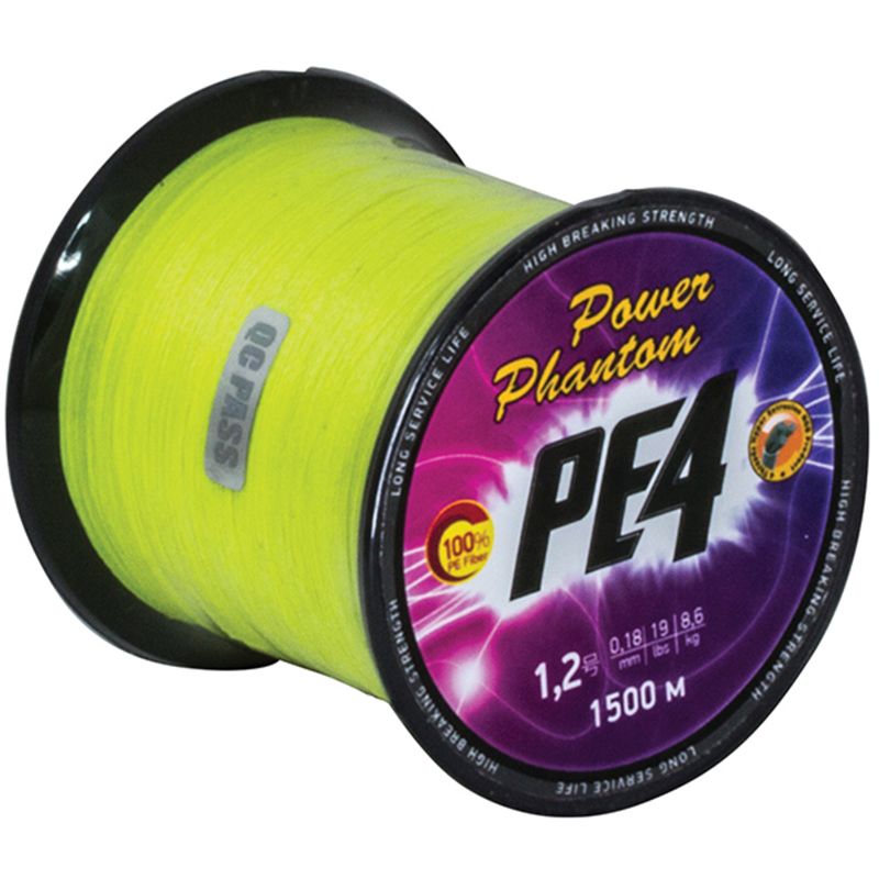 Шнур плетёный Power Phantom PE4 1500m #1,2 0.18mm 8,6kg желтый fluo