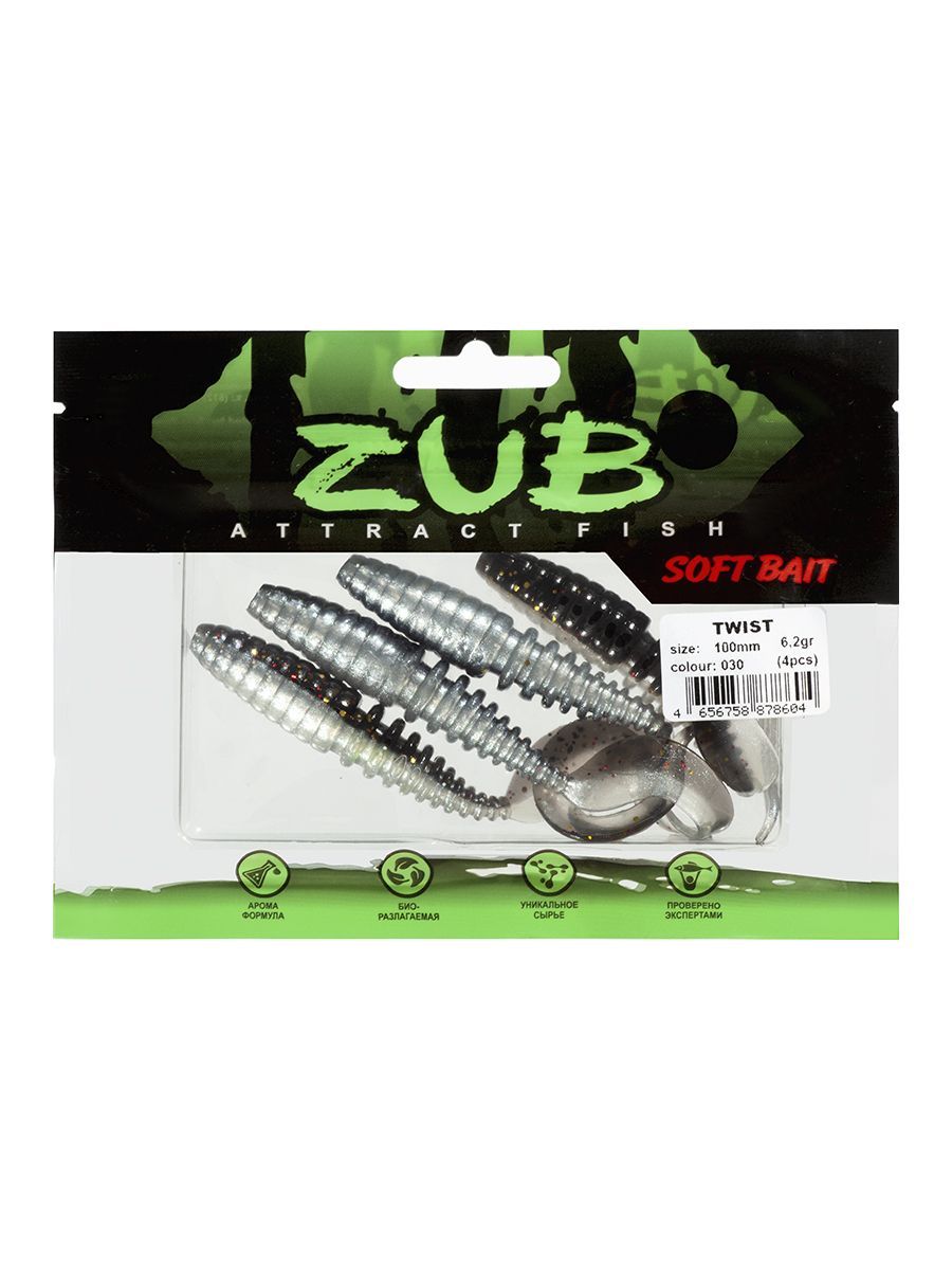 Приманка ZUB-TWIST 100мм-4шт,  (цвет 030) черный верх-натурал низ