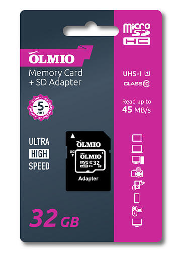 карта памяти microsdhc 32gb, class 10, с адаптером olmio (39122)