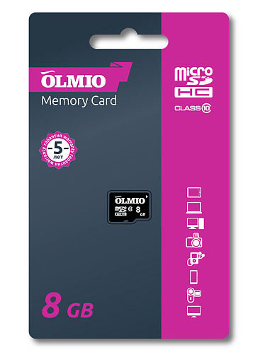 Карта памяти microSDHC 8GB,  Class 10,  без адаптера OLMIO (39120)