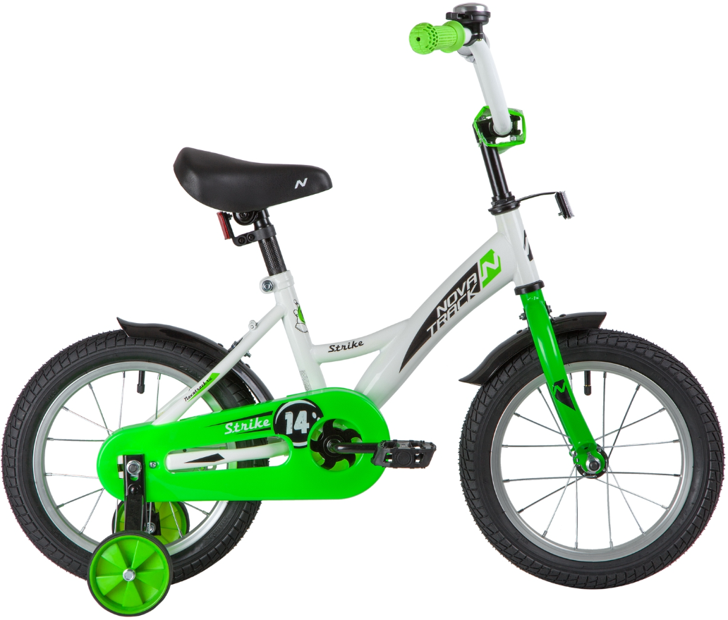 Велосипед колёса 14" детский NOVATRACK Strike,  1 скорость,  рама сталь 9" (белый/зеленый)