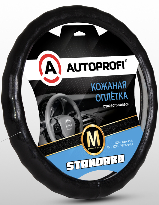 Оплетка руля АВТОПРОФИ (натуральная кожа,  ребристая,  гладкая,  глянцевая) (M) черная AP-765 BK