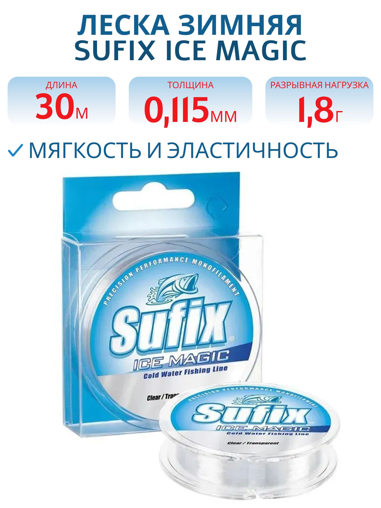 Леска зимняя Sufix Ice Magic прозрачная x12 30м 0.115мм 1, 8кг 