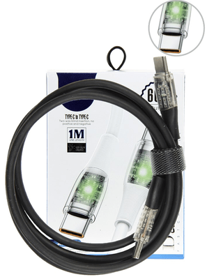 Кабель USB-Type-C (1м,  6А) (LED подсветка,  черный) Nova Bright (39715)