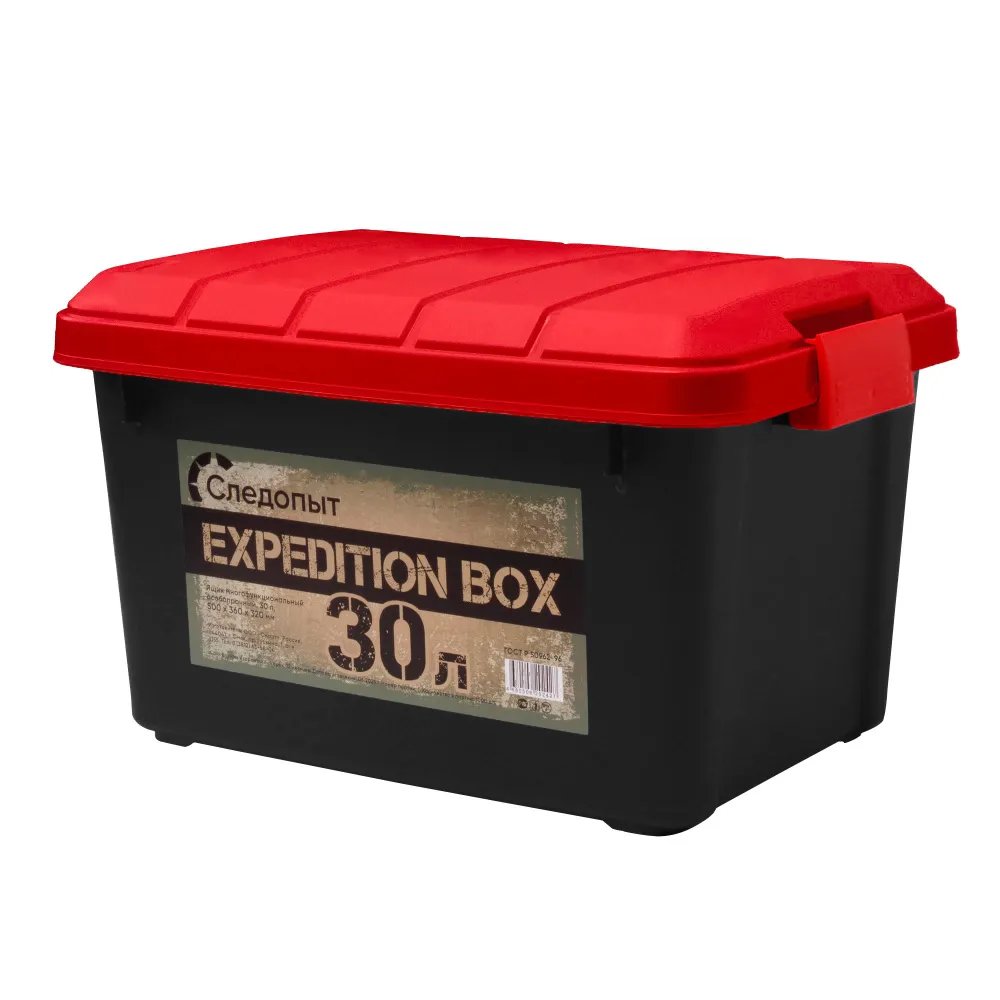 Ящик многофункциональный особопрочный СЛЕДОПЫТ Expedition Box,  30 л,  500х360х320 мм,  цв. черный/красный