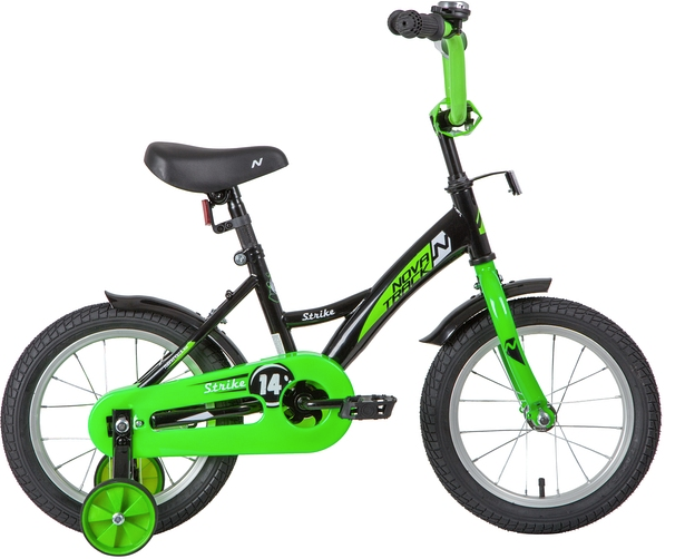 Велосипед колёса 14" детский NOVATRACK Strike,  1 скорость,  рама сталь 9" (черный/зеленый)