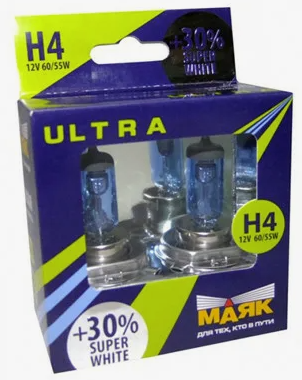 Автолампа галогеновая Н4 12V-60/55 МАЯК +30% P43 Super Light Ultra (82420SW+30) (2шт.к-т)