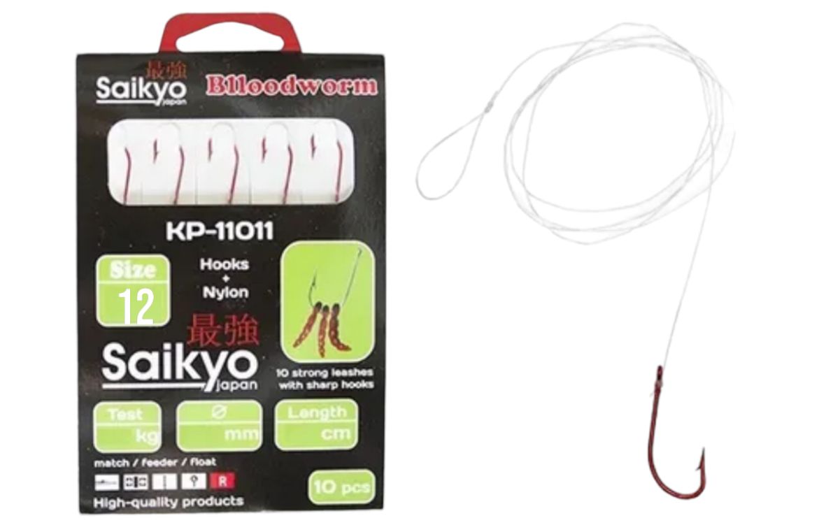 Крючки Saikyo KP-11011 Blloodworm Red  №12 (10шт) c повод.