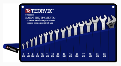 Набор ключей комбинированных 16пр. (Ø6-22мм+разводной 250мм) сумка Thorvik CWS0016A