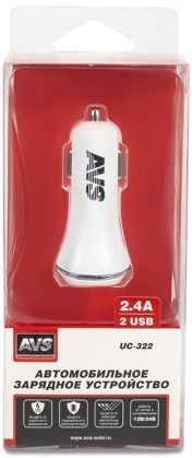 автомобильное зарядное устройство avs (2usb, 2.4а) белый uc-322