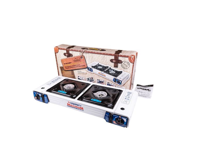 Плита газовая настольная "СЛЕДОПЫТ - MaximuM",  двойная (с переходником)