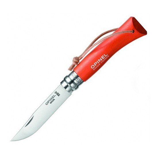 Нож Opinel Trekking №08,  нержавеющая сталь,  кожаный темляк,  красный