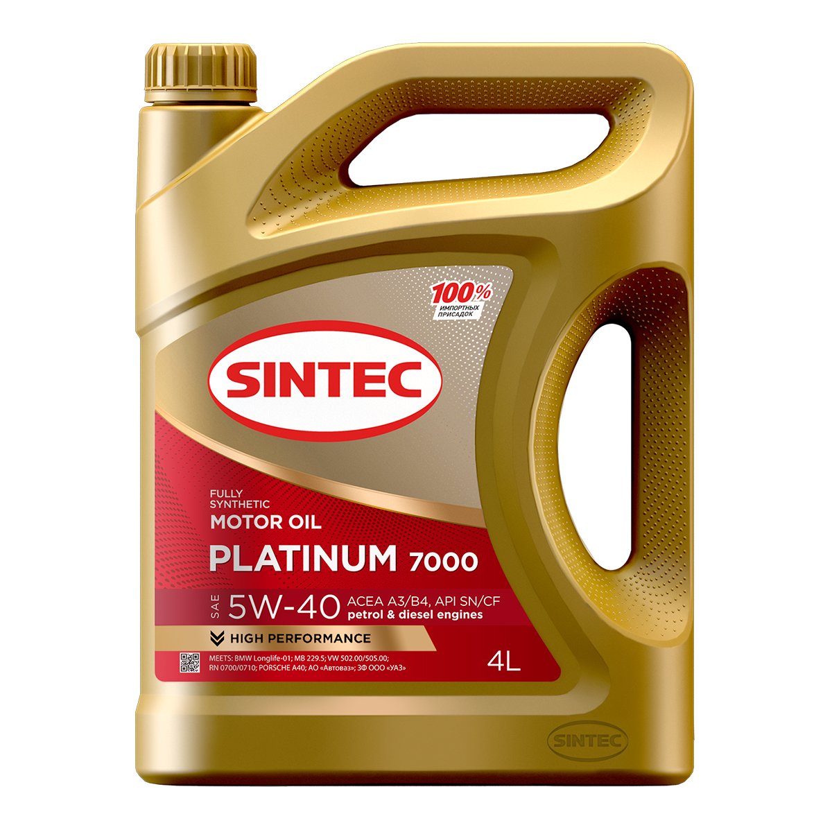 SINTEC PLATINUM 7000 5w40 A3/B4 SN/CF 4L синтетическое моторное масло