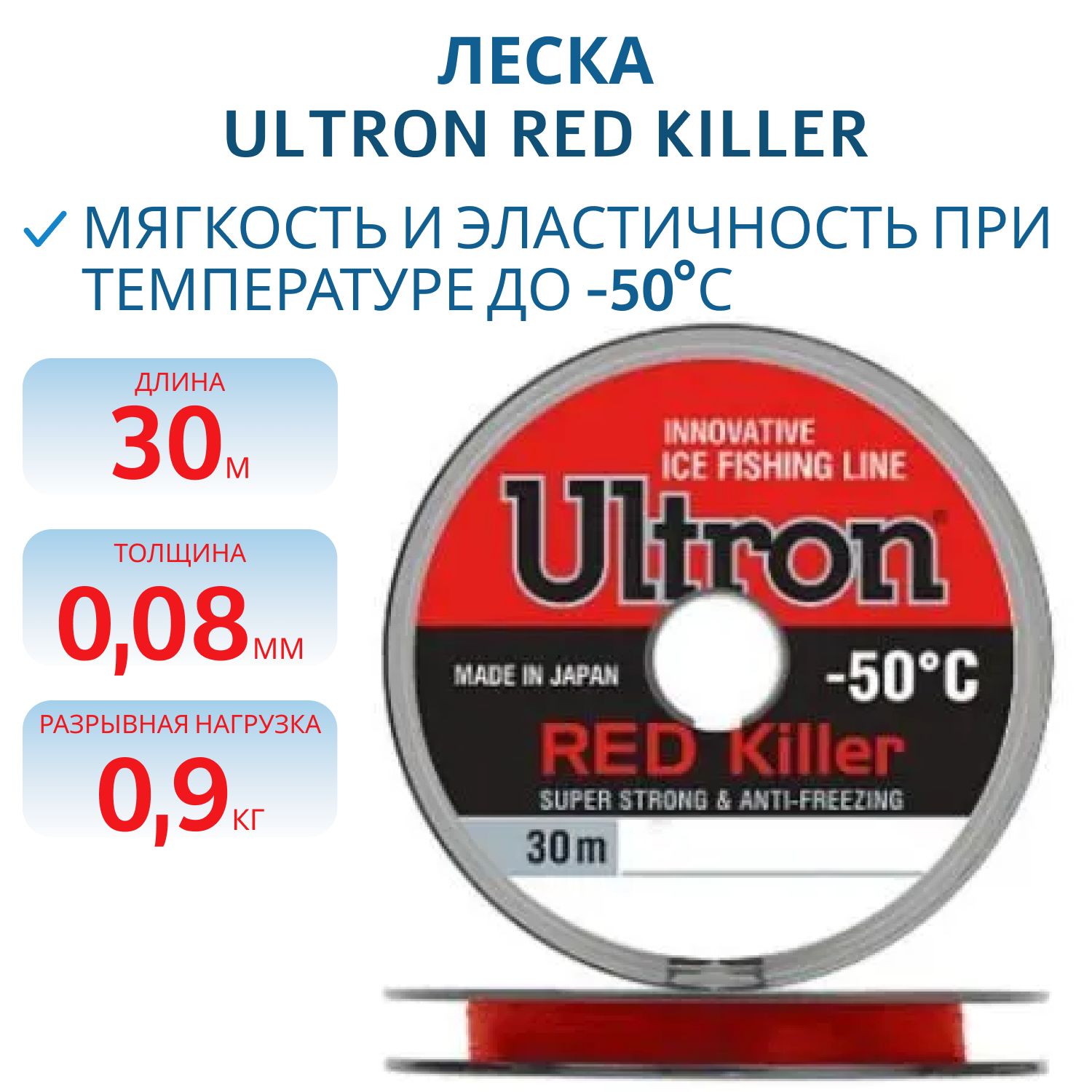 Леска ULTRON Red Killer 0, 08 мм,  0, 9 кг,  30 м,  красная (шт) 