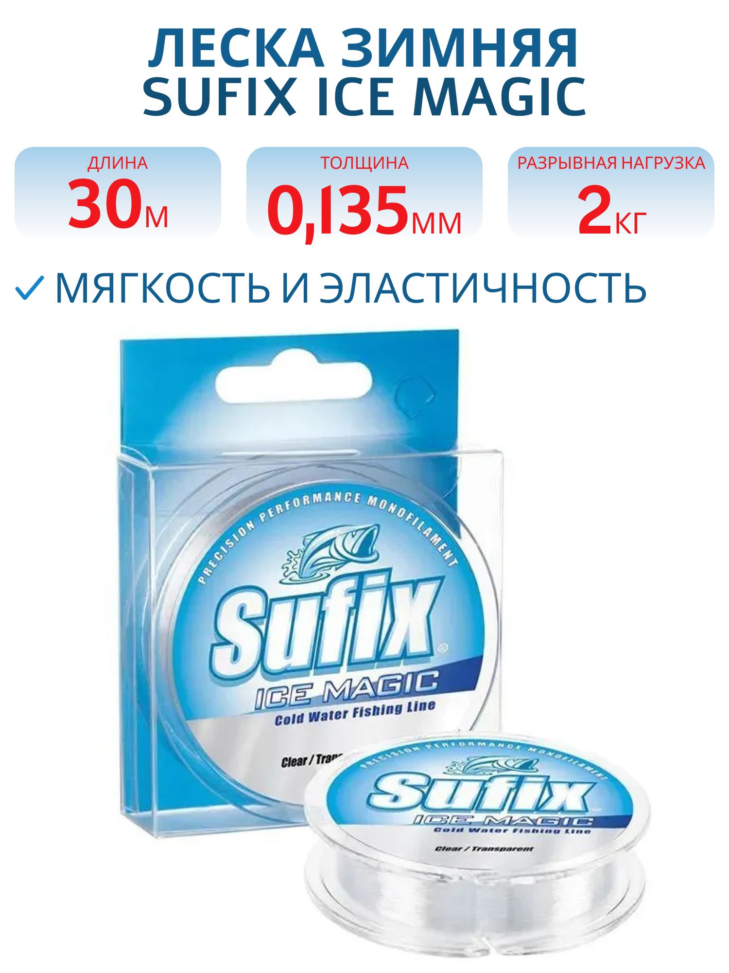 Леска зимняя Sufix Ice Magic прозрачная x12 30м 0.135мм 2кг 