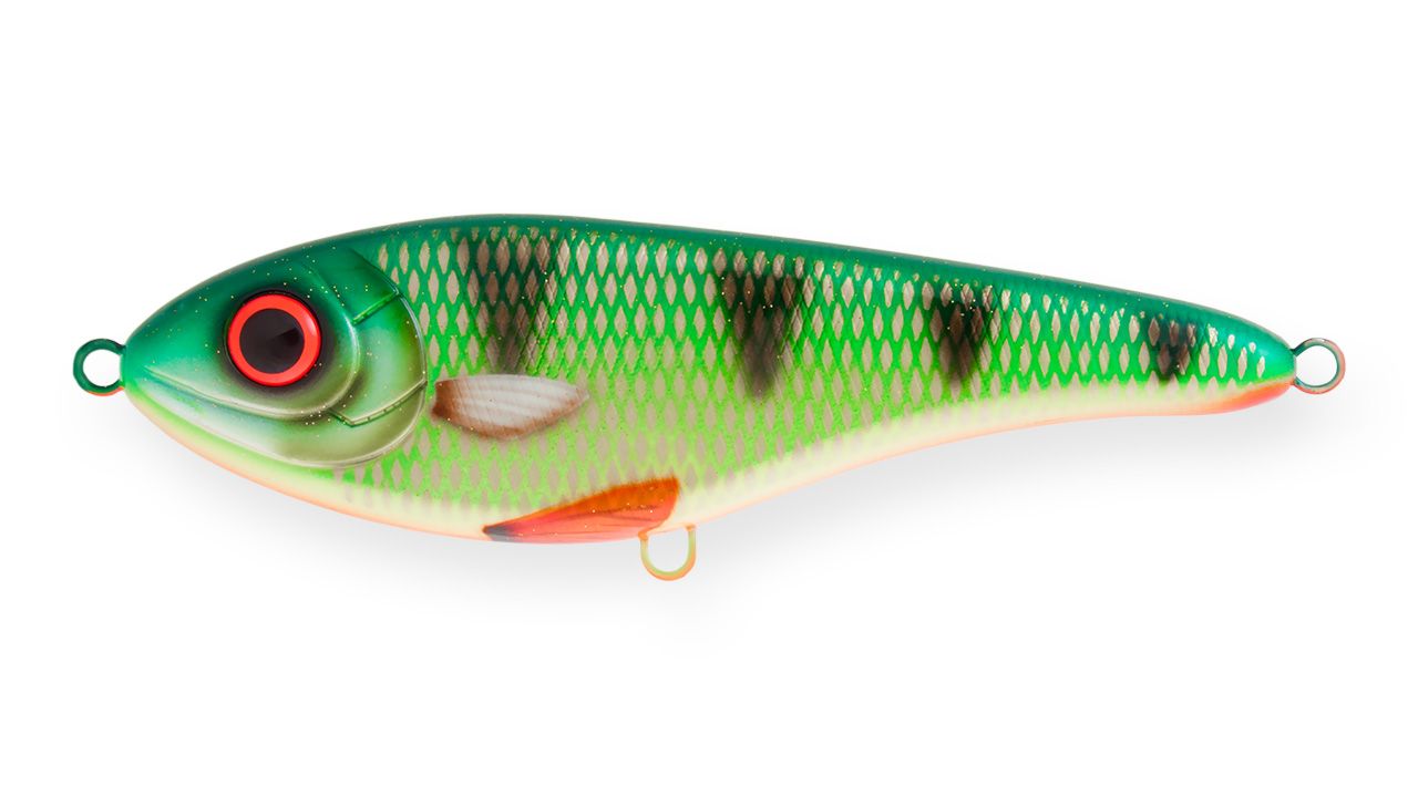 Воблер Джеркбейт Strike Pro Buster Jerk II Shallow Runner,  120 мм,  37 гр,  Загл. 0, 3м.-2, 0м.,  Медленно вспл,  цв: A382F Green Perch,  WOLF COLOR,  (EG-049#A382F)