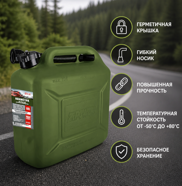 канистра 10л пластиковая с заливным устройством (зеленая) 3ton profi
